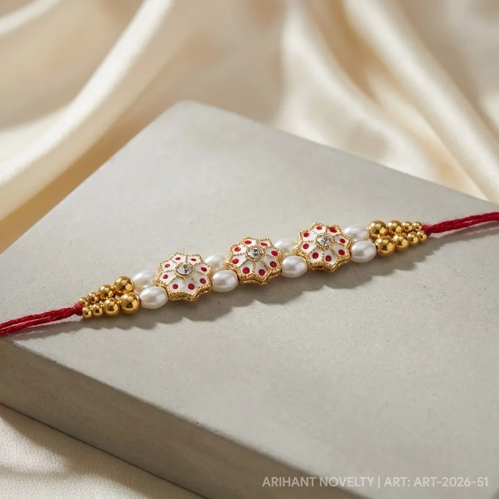 Triple Star Meenakari Pearl – handmade Meenakari rakhi from Bikaner by Arihant Novelty
