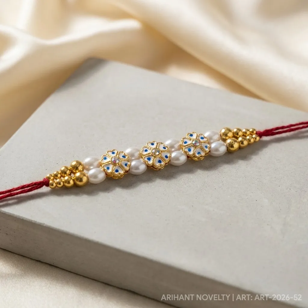 Blue Dot Bloom Pearl Trio – handmade Meenakari rakhi from Bikaner by Arihant Novelty