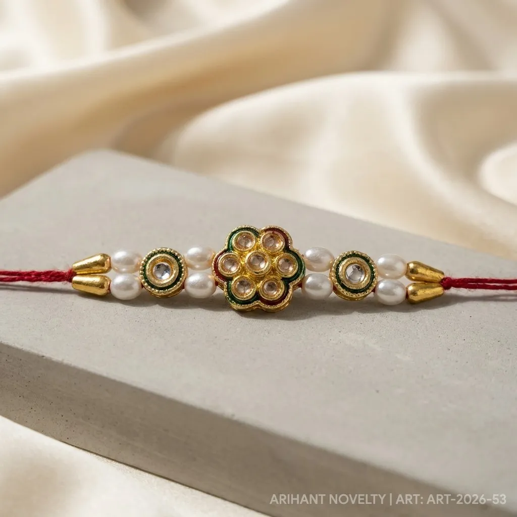 Kundan Flower Pearl Classic – handmade Kundan rakhi from Bikaner by Arihant Novelty