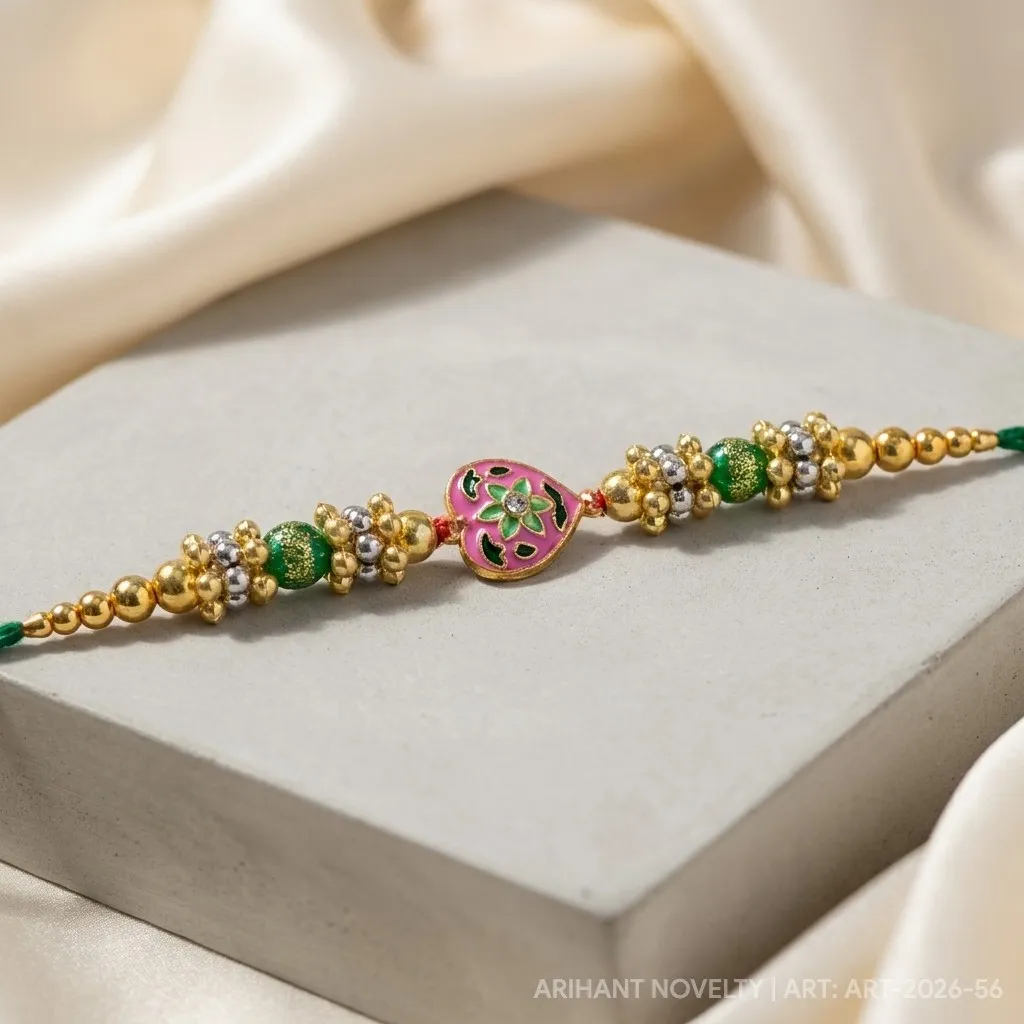 Pink Heart Meenakari Bead Rakhi – handmade Statement rakhi from Bikaner by Arihant Novelty