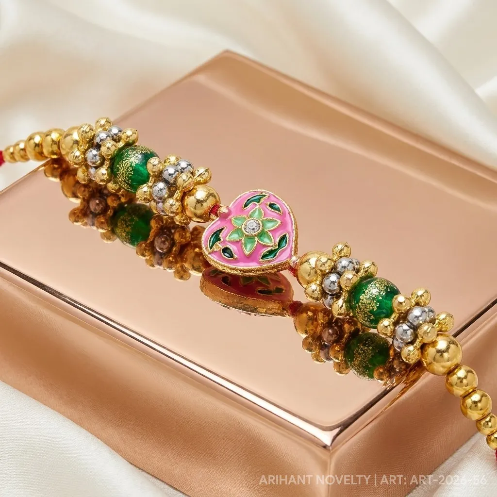 Pink Heart Meenakari Bead Rakhi view 2