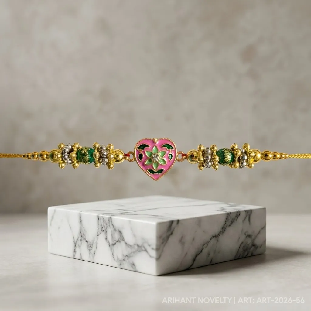 Pink Heart Meenakari Bead Rakhi view 4