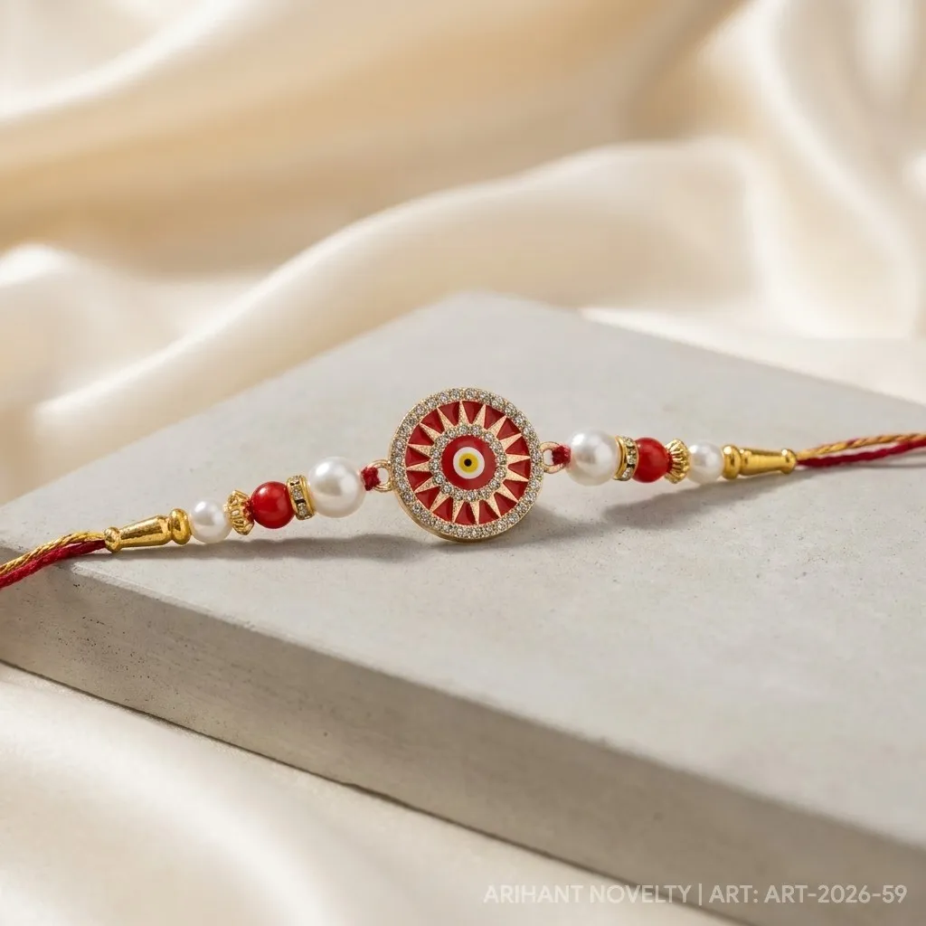 Red Mandala Nazar Pearl – handmade Evil Eye rakhi from Bikaner by Arihant Novelty