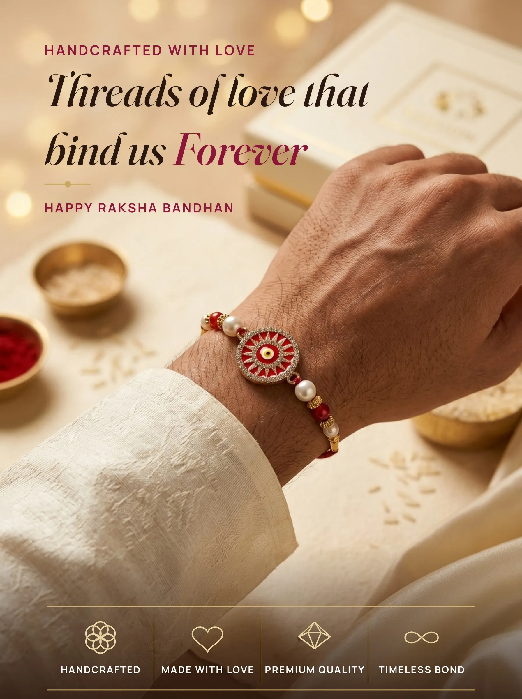 Red Mandala Nazar Pearl – handmade Evil Eye rakhi from Bikaner by Arihant Novelty