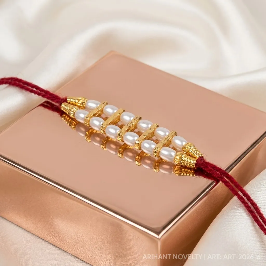 Pearl Strand with Gold Dividers – handmade Traditional rakhi from Bikaner by Arihant Novelty