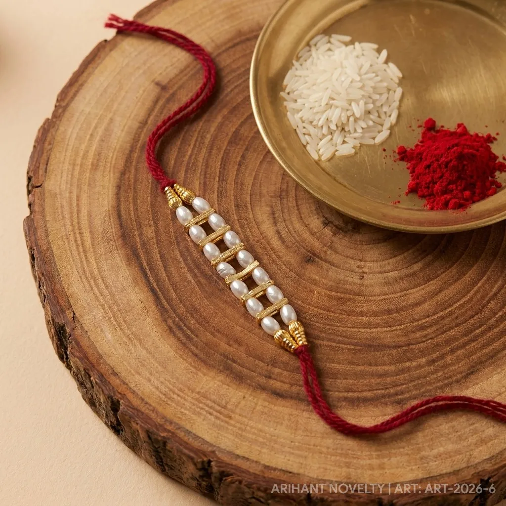 Pearl Strand with Gold Dividers – handmade Traditional rakhi from Bikaner by Arihant Novelty