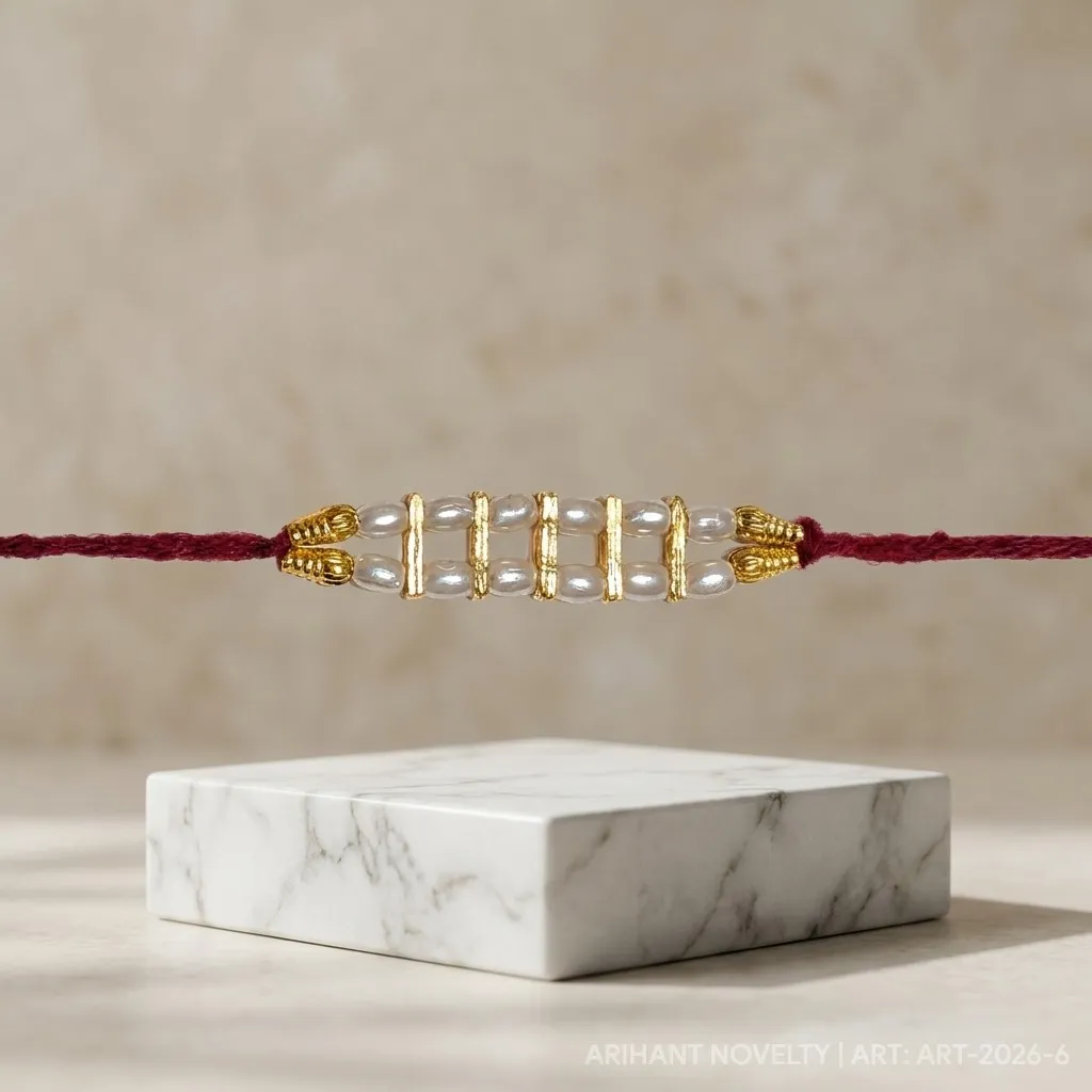Pearl Strand with Gold Dividers – handmade Traditional rakhi from Bikaner by Arihant Novelty
