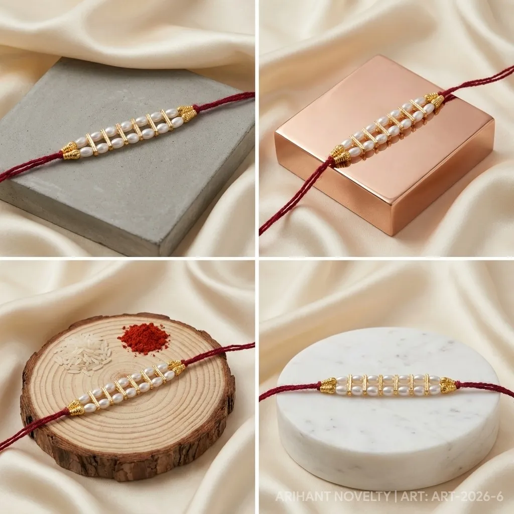 Pearl Strand with Gold Dividers – handmade Traditional rakhi from Bikaner by Arihant Novelty