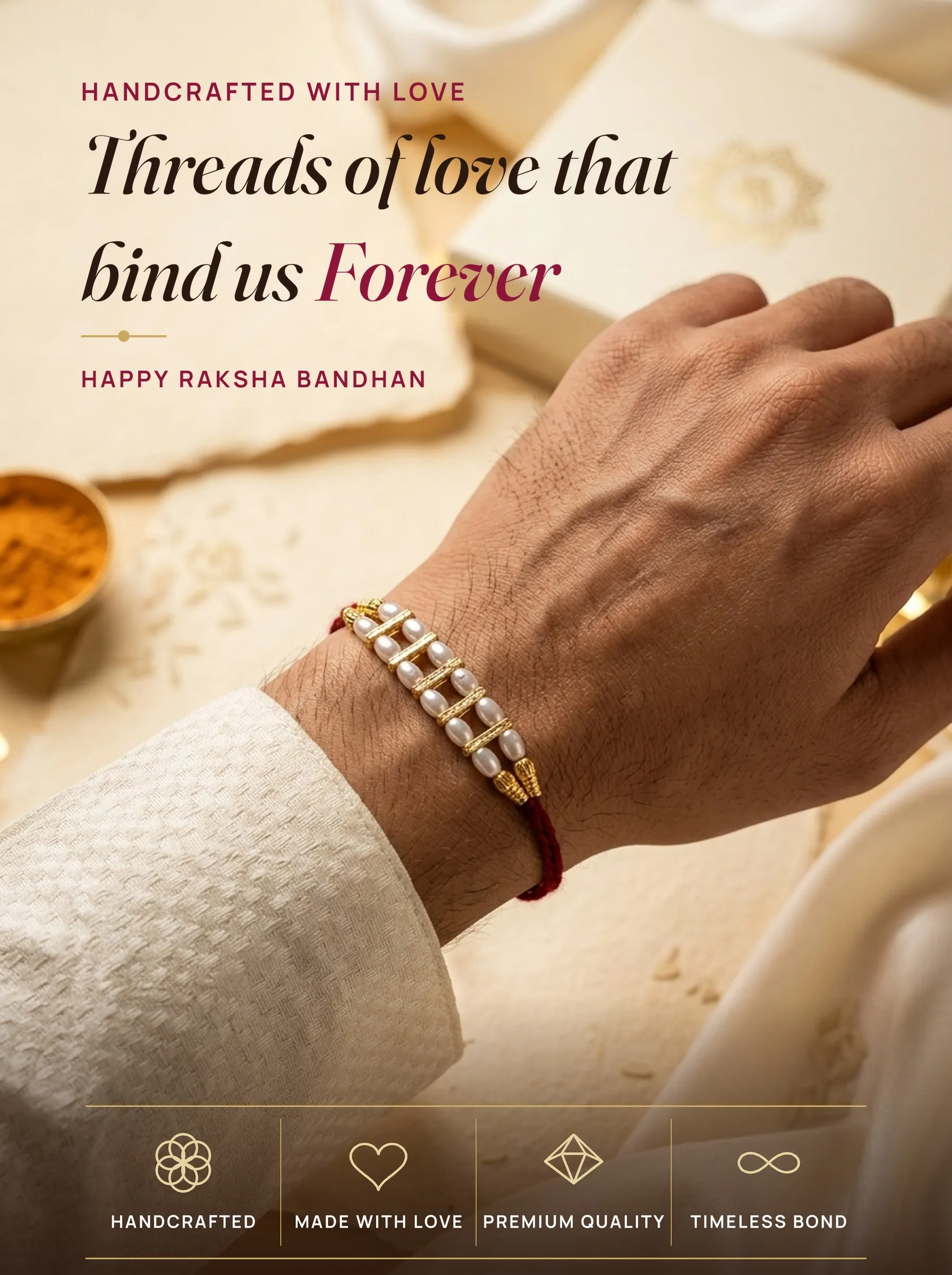 Pearl Strand with Gold Dividers – handmade Traditional rakhi from Bikaner by Arihant Novelty