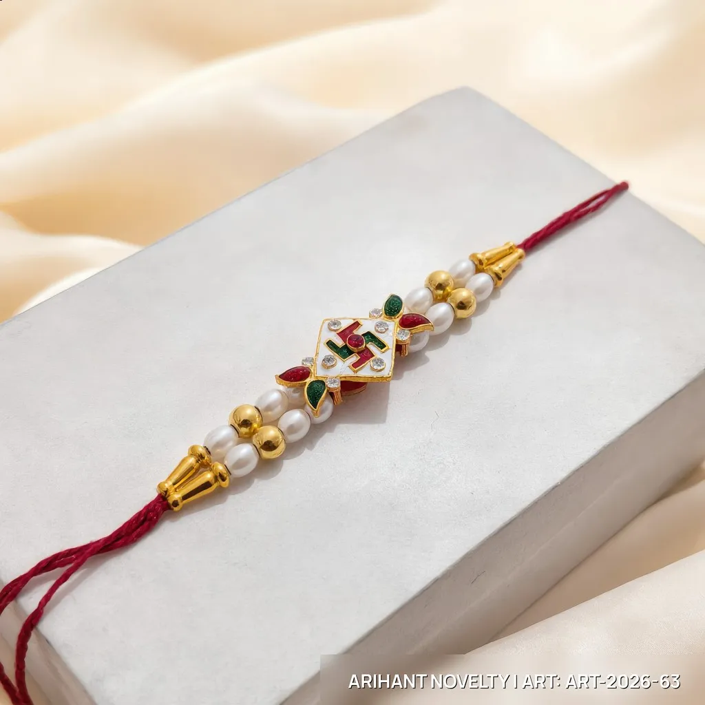 Kundan Swastik Pearl Rakhi – handmade Traditional rakhi from Bikaner by Arihant Novelty