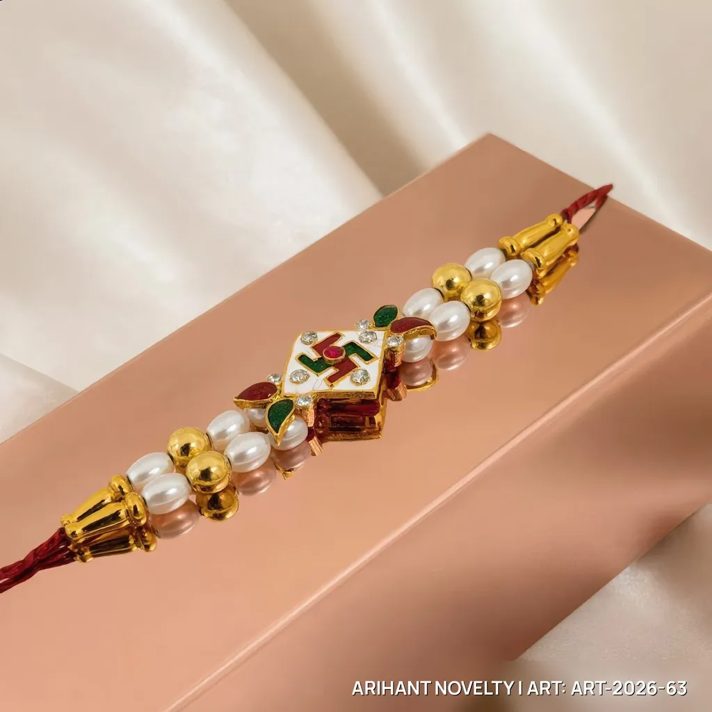 Kundan Swastik Pearl Rakhi view 2