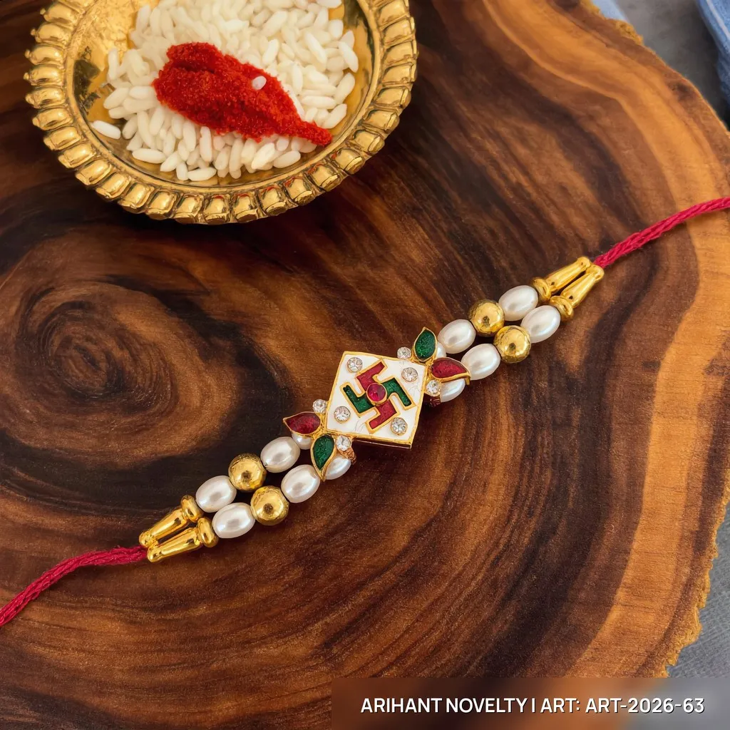 Kundan Swastik Pearl Rakhi view 3