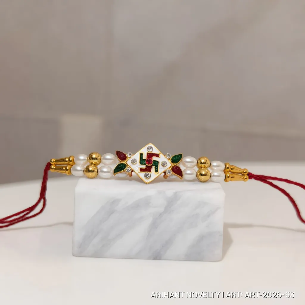 Kundan Swastik Pearl Rakhi view 4