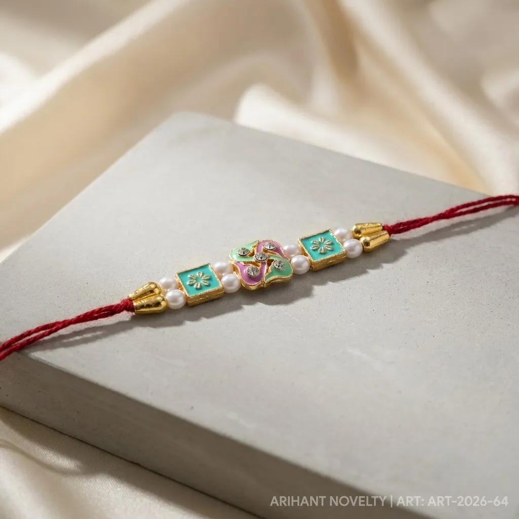 Teal OM Meenakari Pearl – handmade Traditional rakhi from Bikaner by Arihant Novelty