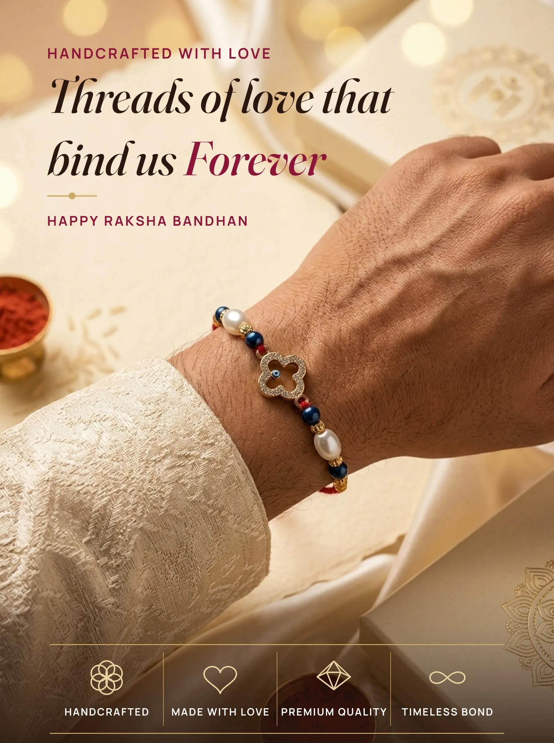 Clover Eye Nazar Pearl Rakhi – handmade Evil Eye rakhi from Bikaner by Arihant Novelty