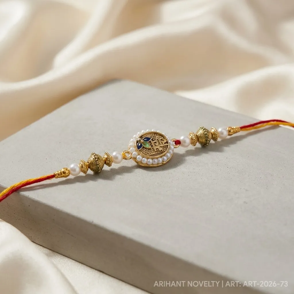Gold Inscription Pearl Disc – handmade Traditional rakhi from Bikaner by Arihant Novelty