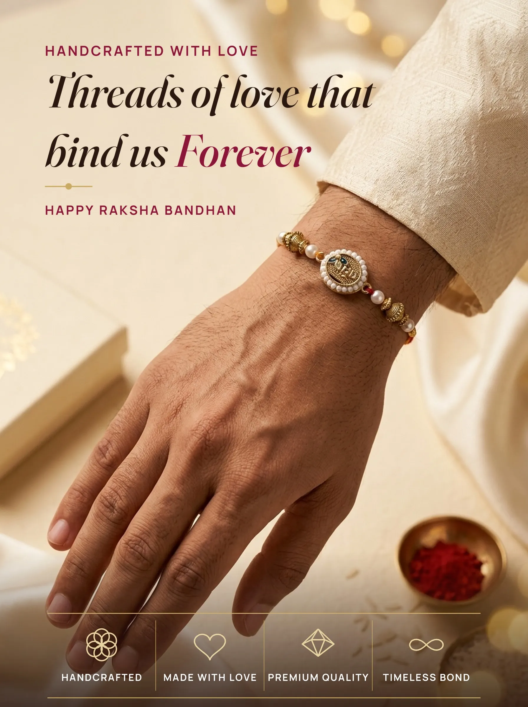 Gold Inscription Pearl Disc – handmade Traditional rakhi from Bikaner by Arihant Novelty