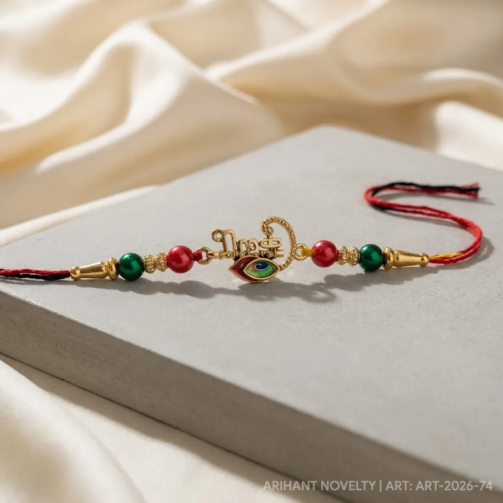 Krishna Script with Meenakari Feather – handmade Meenakari rakhi from Bikaner by Arihant Novelty