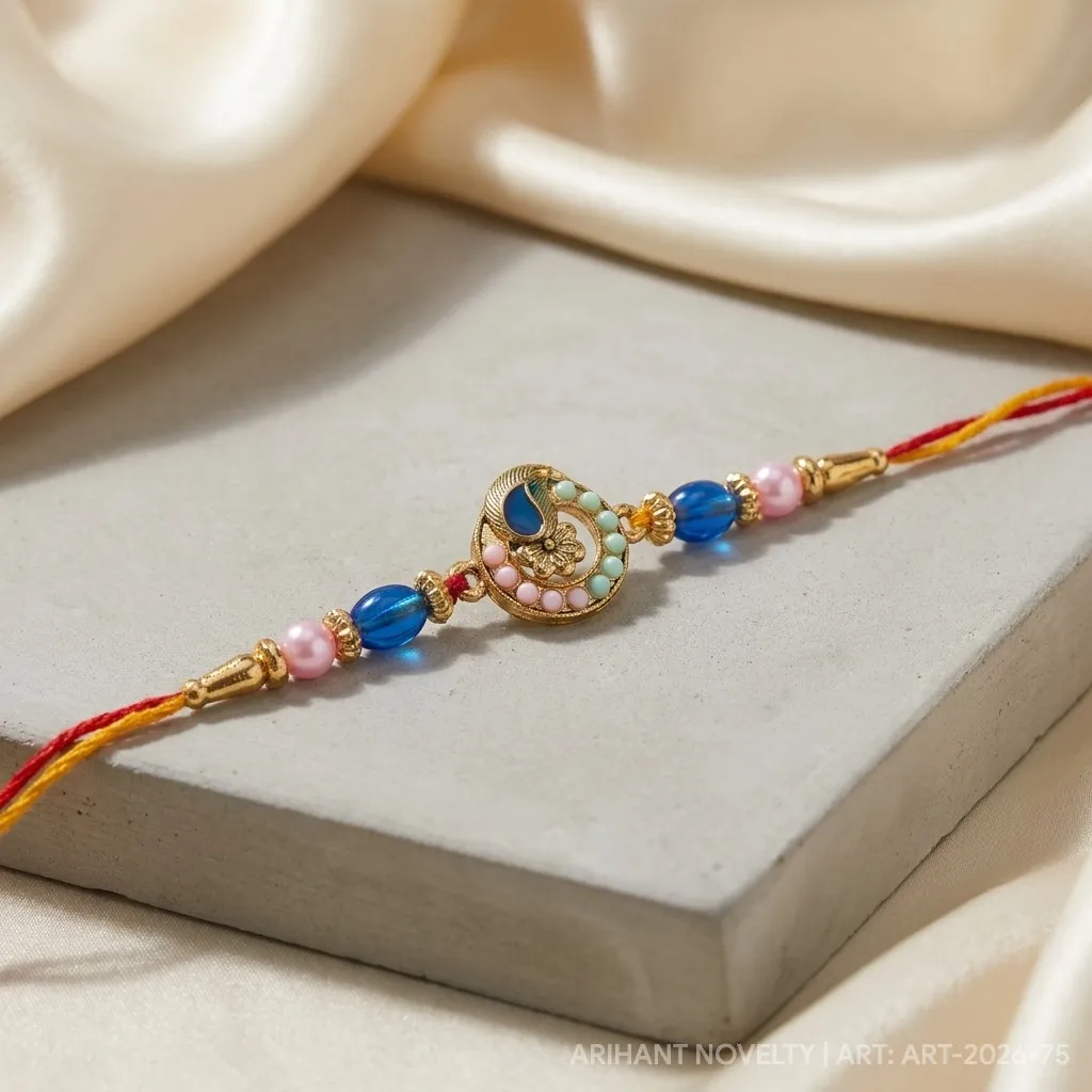 Blue Peacock Circle with Pink Beads – handmade Meenakari rakhi from Bikaner by Arihant Novelty