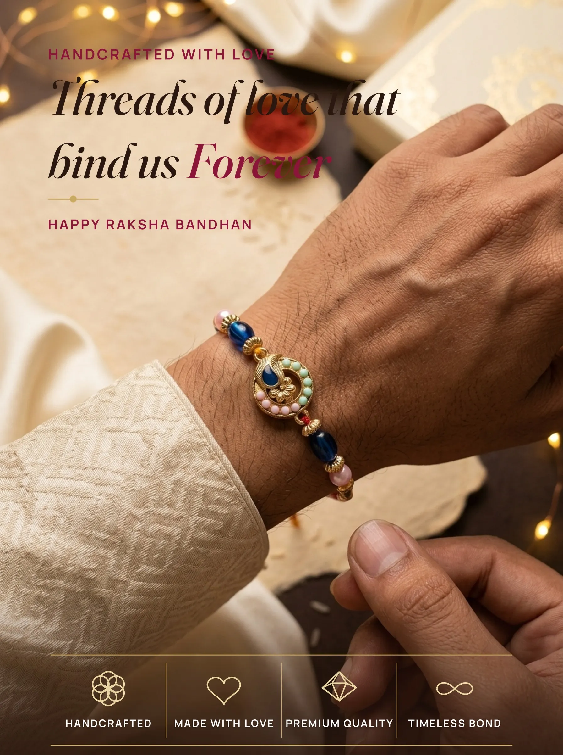 Blue Peacock Circle with Pink Beads – handmade Meenakari rakhi from Bikaner by Arihant Novelty