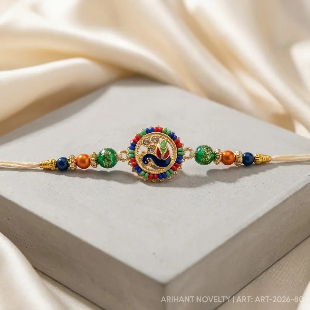 Grand Meenakari Peacock Disc – handmade Meenakari rakhi from Bikaner by Arihant Novelty