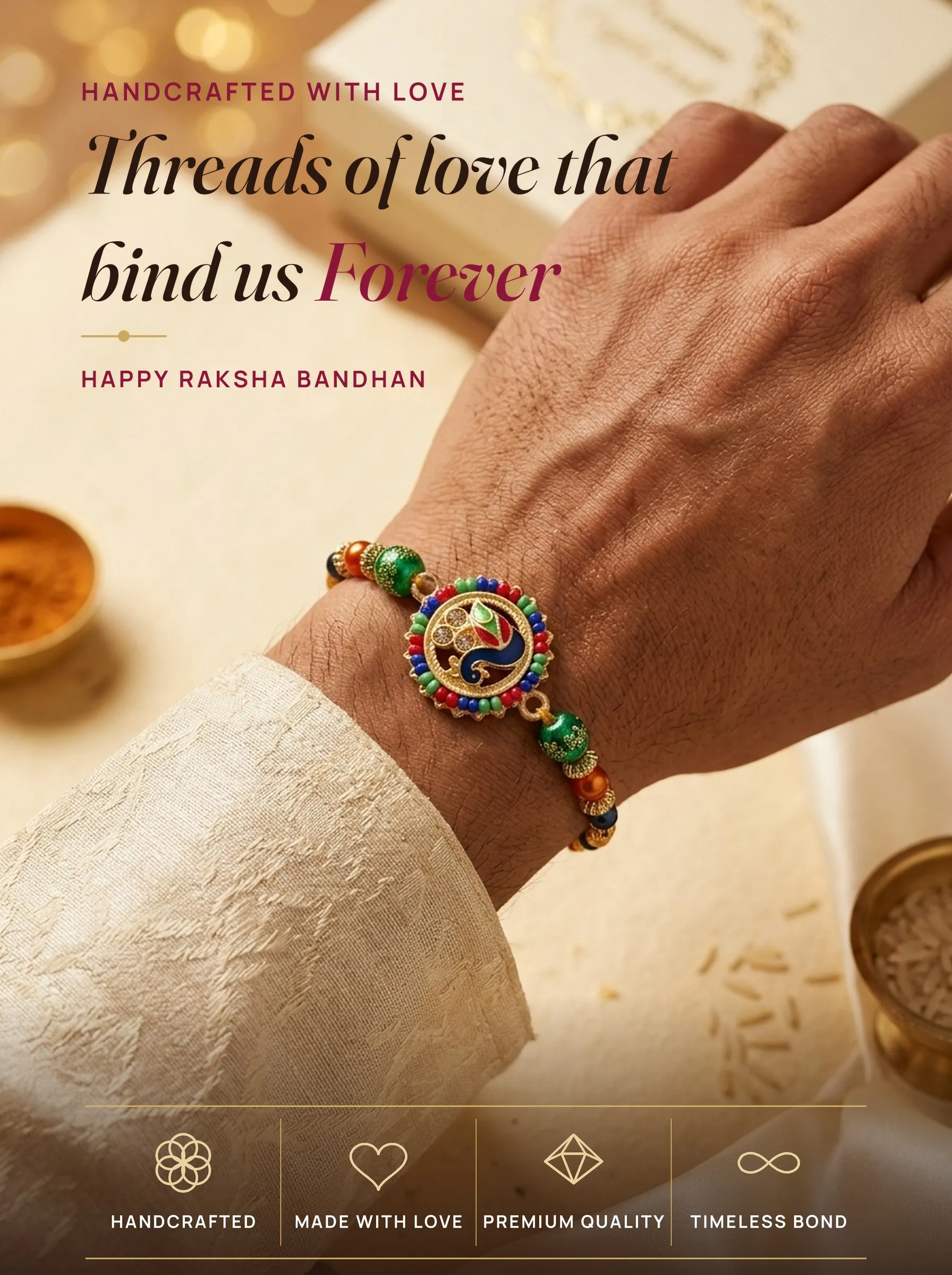 Grand Meenakari Peacock Disc – handmade Meenakari rakhi from Bikaner by Arihant Novelty
