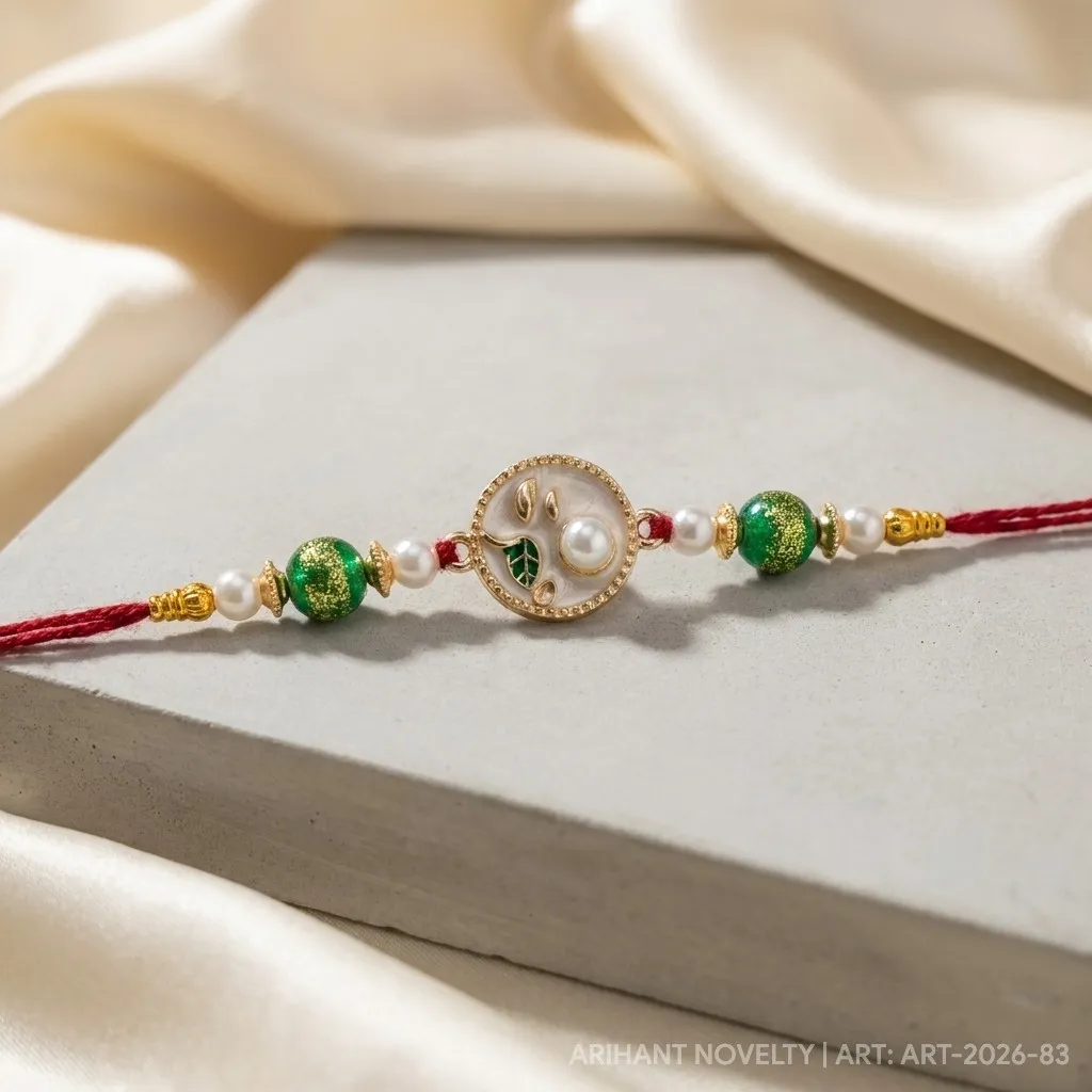 Green Shimmer Petal Pearl – handmade Traditional rakhi from Bikaner by Arihant Novelty