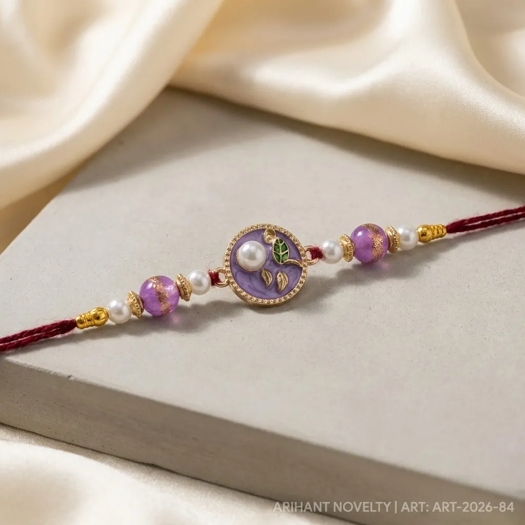 Lavender Shimmer Pearl Rakhi – handmade Traditional rakhi from Bikaner by Arihant Novelty