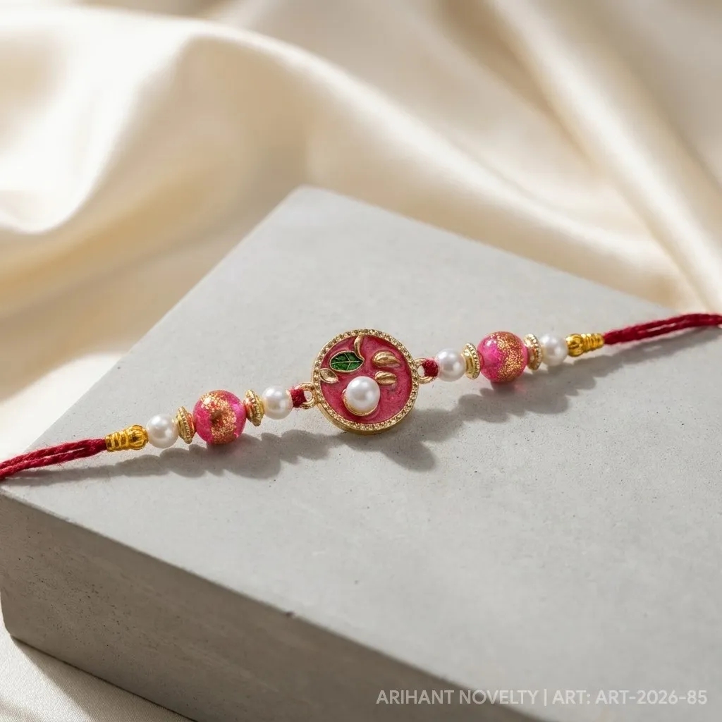 Rose Shimmer Pearl Blossom – handmade Traditional rakhi from Bikaner by Arihant Novelty