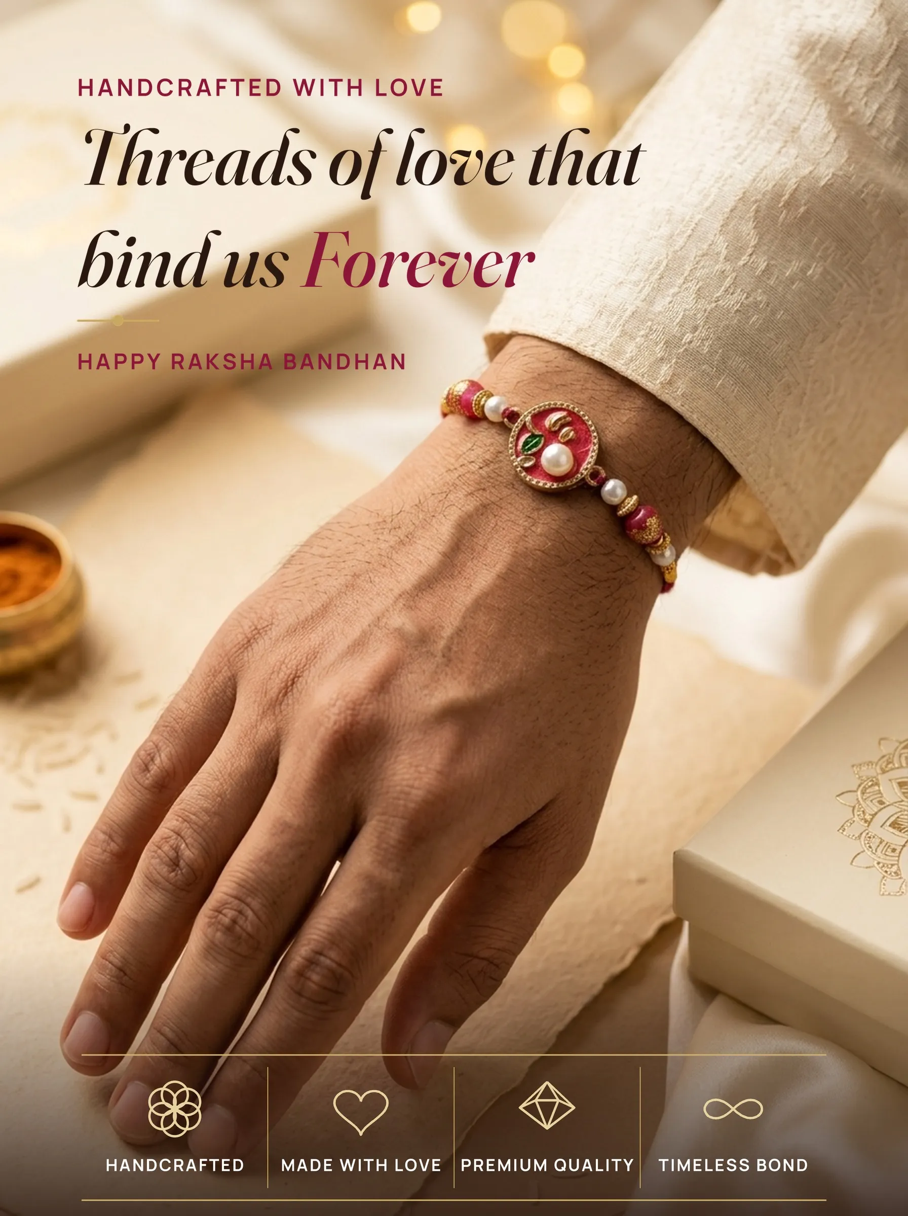 Rose Shimmer Pearl Blossom – handmade Traditional rakhi from Bikaner by Arihant Novelty