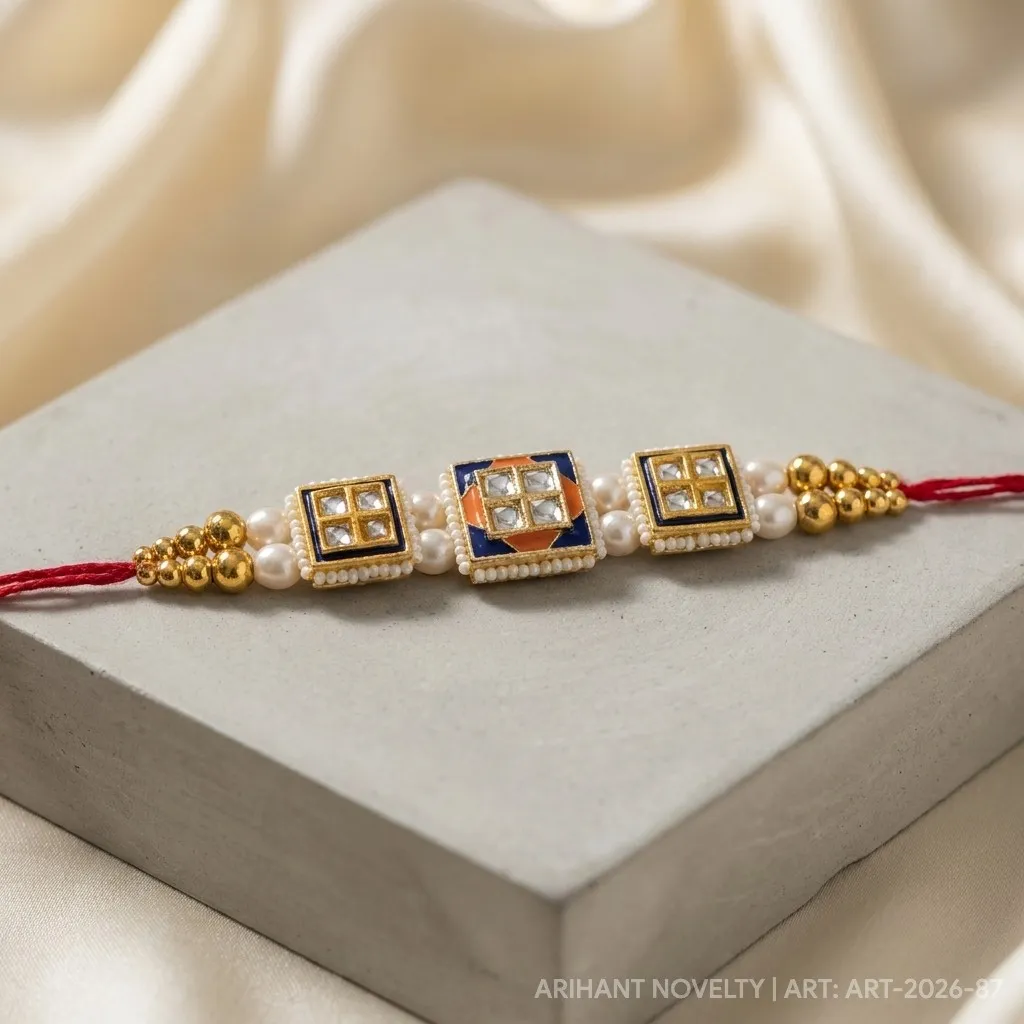 Triple Kundan Square Band – handmade Statement rakhi from Bikaner by Arihant Novelty
