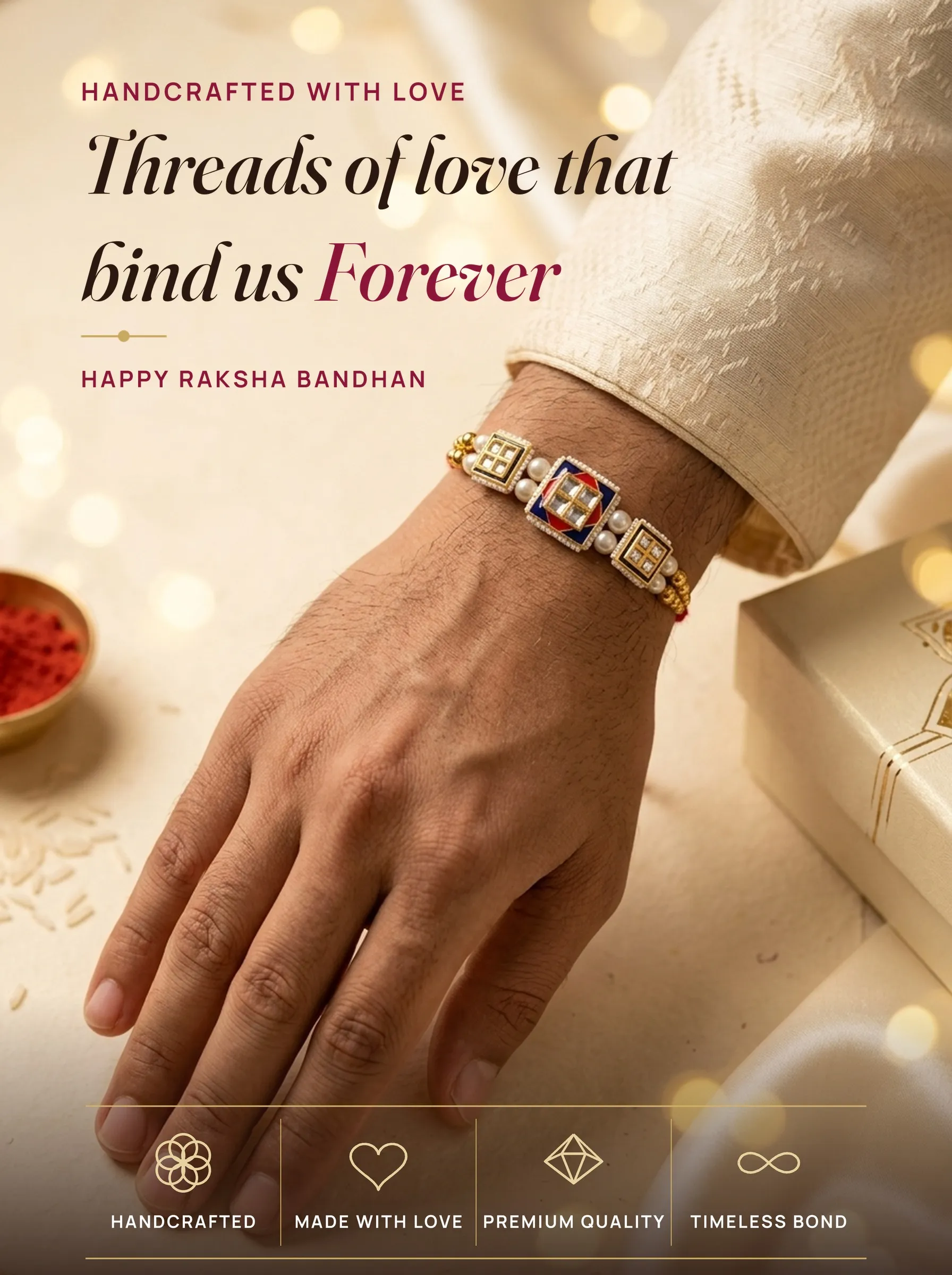 Triple Kundan Square Band – handmade Statement rakhi from Bikaner by Arihant Novelty