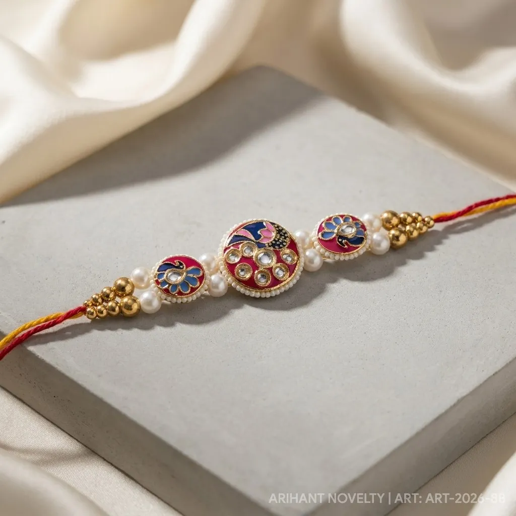 Pink Peacock Meenakari Triple – handmade Meenakari rakhi from Bikaner by Arihant Novelty