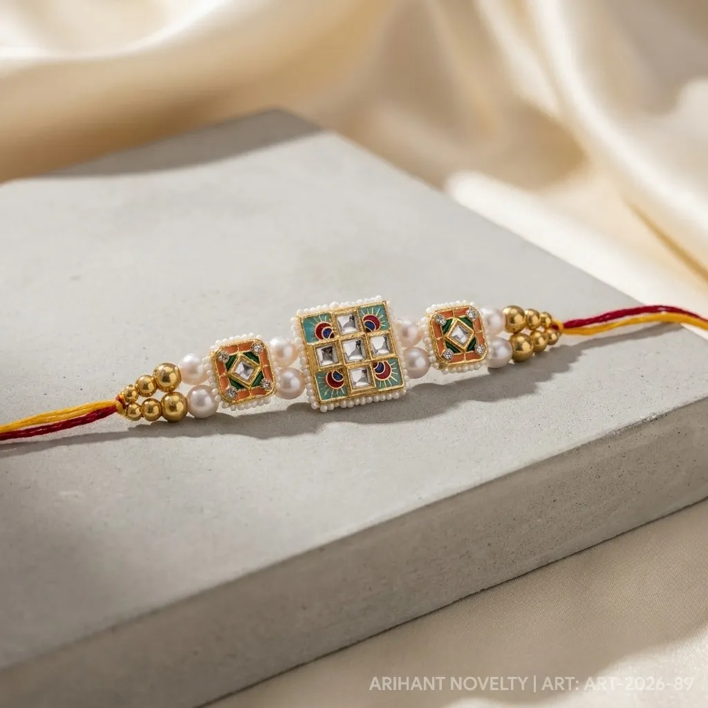 Triple Meenakari Kundan Square – handmade Statement rakhi from Bikaner by Arihant Novelty