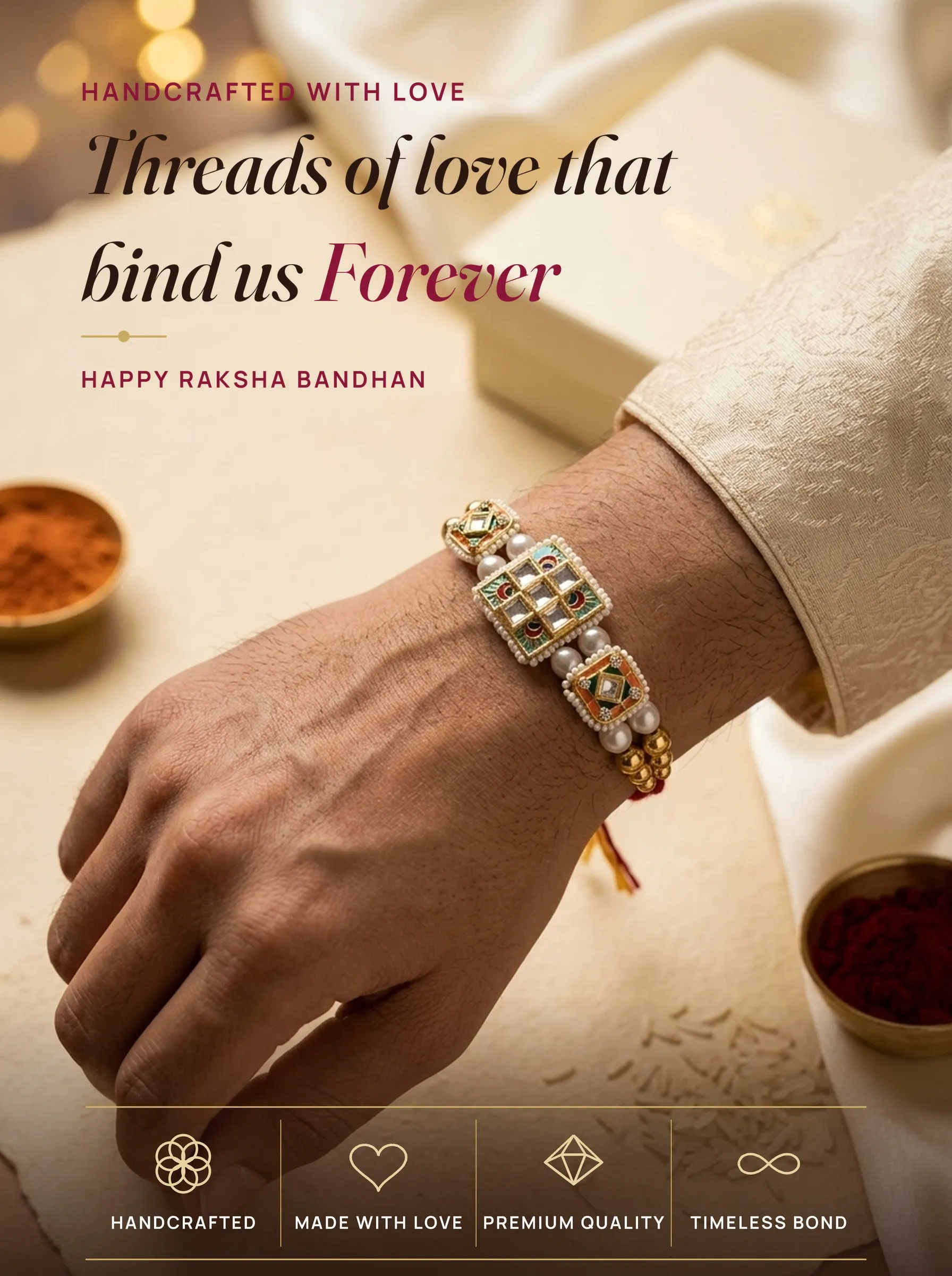 Triple Meenakari Kundan Square – handmade Statement rakhi from Bikaner by Arihant Novelty