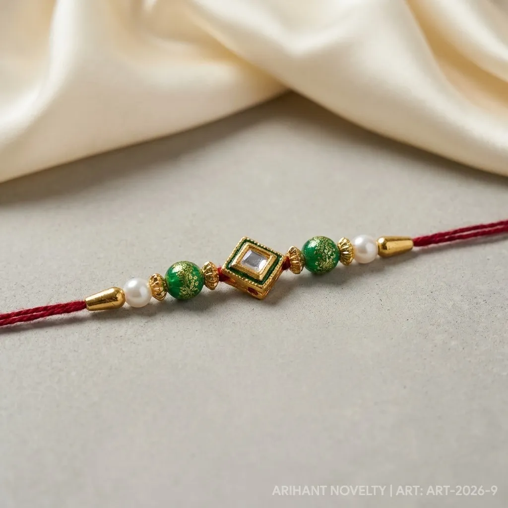 Diamond Kundan with Emerald Beads – handmade Kundan rakhi from Bikaner by Arihant Novelty