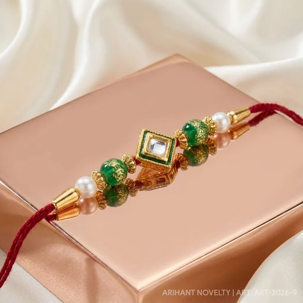 Diamond Kundan with Emerald Beads – handmade Kundan rakhi from Bikaner by Arihant Novelty