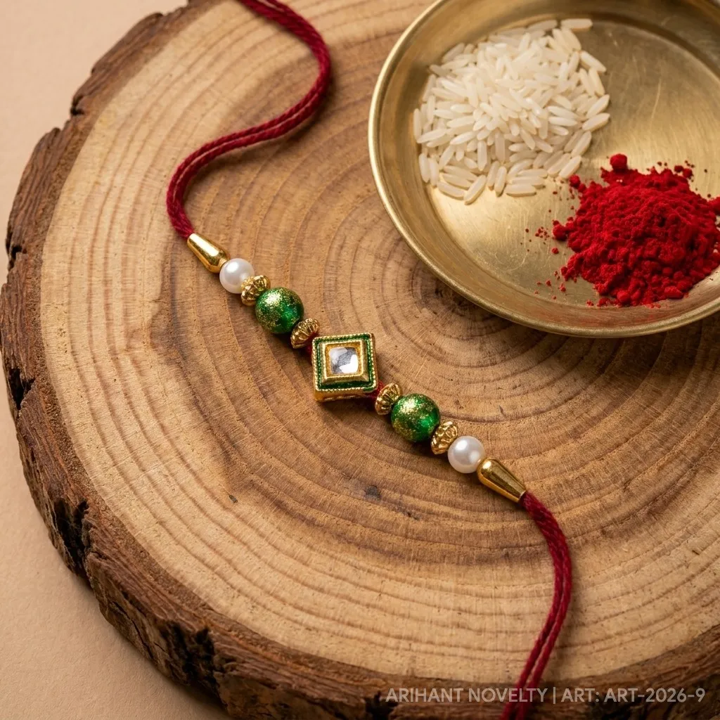 Diamond Kundan with Emerald Beads – handmade Kundan rakhi from Bikaner by Arihant Novelty