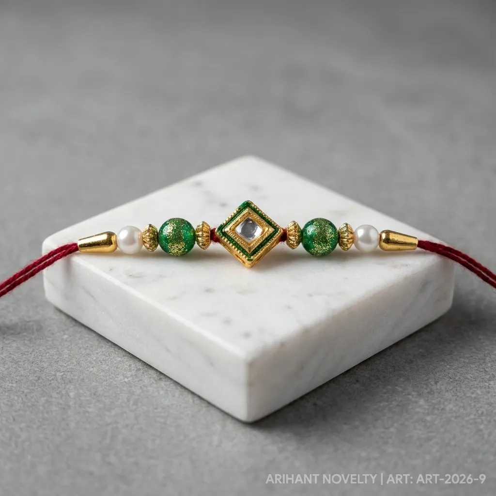 Diamond Kundan with Emerald Beads – handmade Kundan rakhi from Bikaner by Arihant Novelty