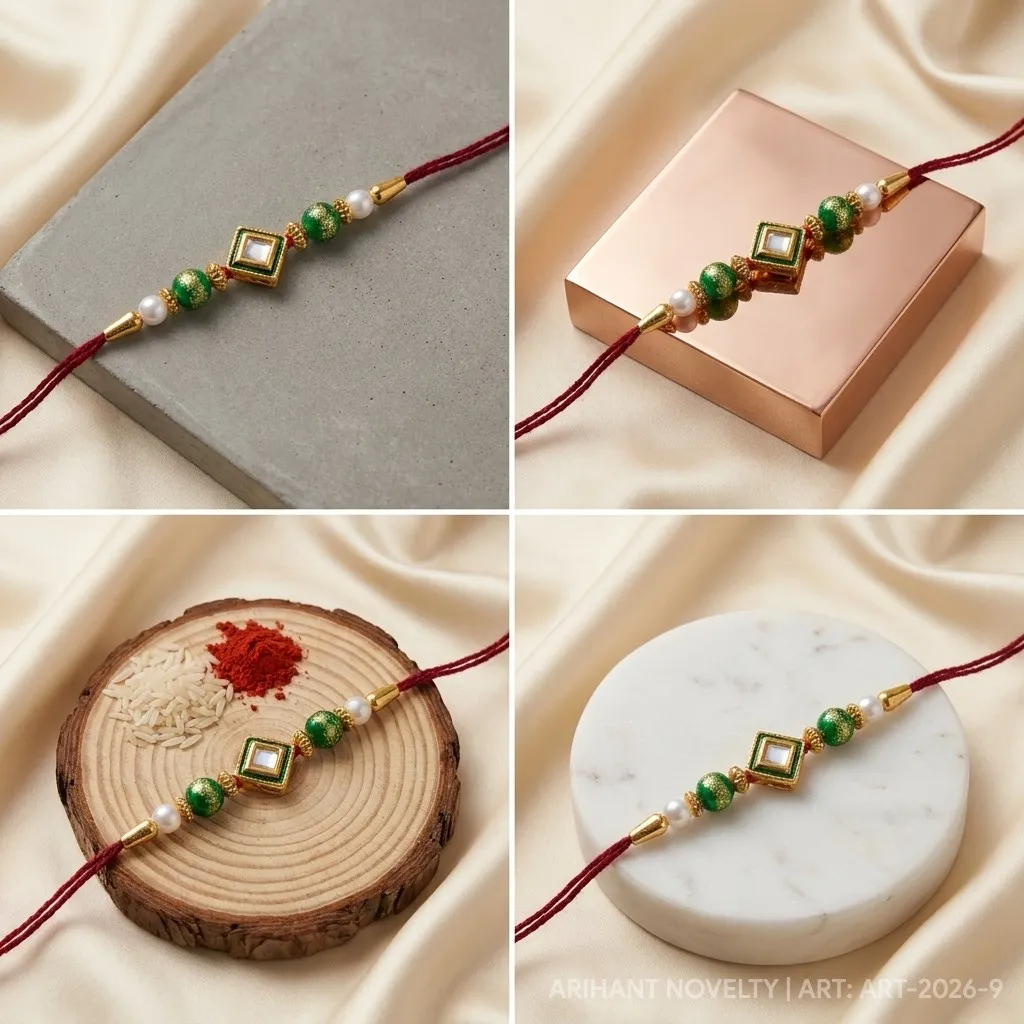 Diamond Kundan with Emerald Beads – handmade Kundan rakhi from Bikaner by Arihant Novelty