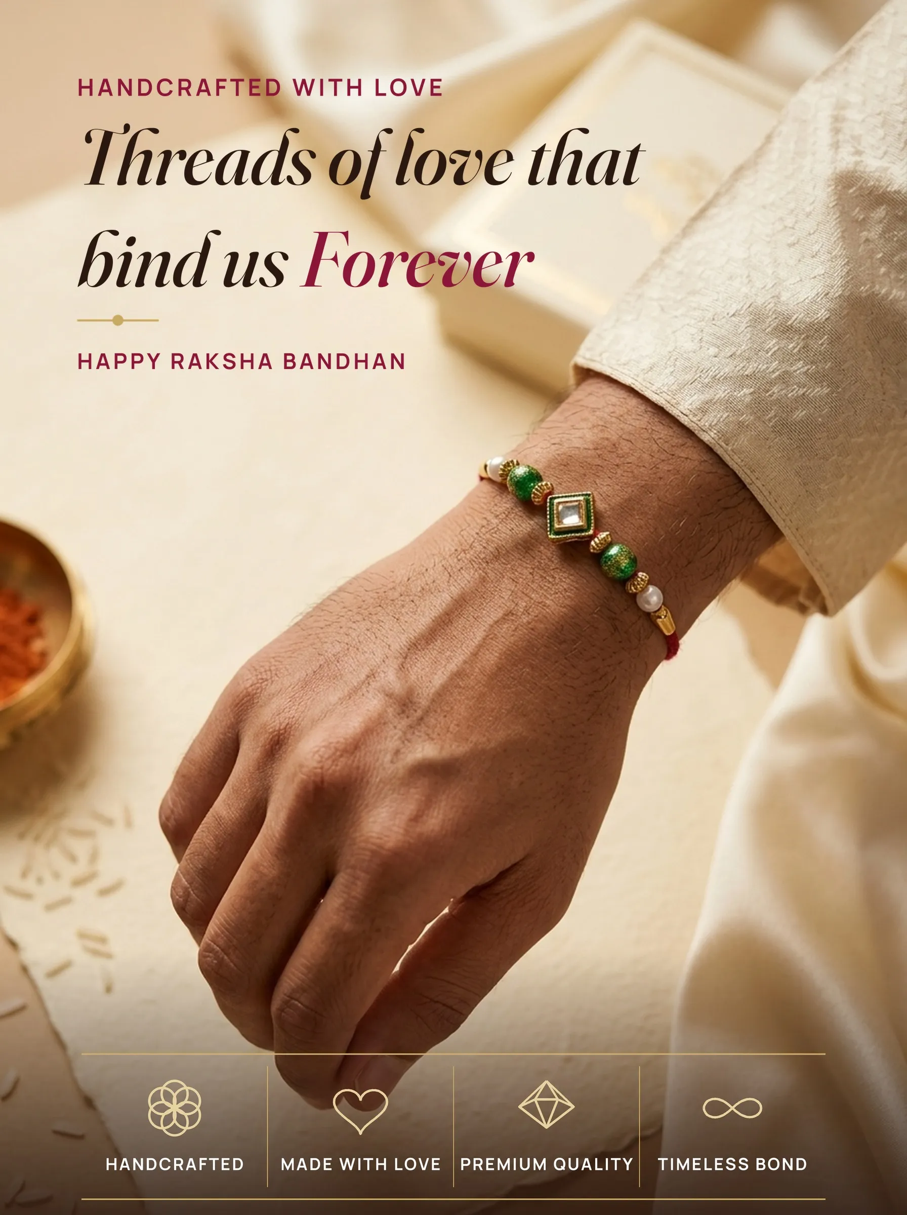 Diamond Kundan with Emerald Beads – handmade Kundan rakhi from Bikaner by Arihant Novelty