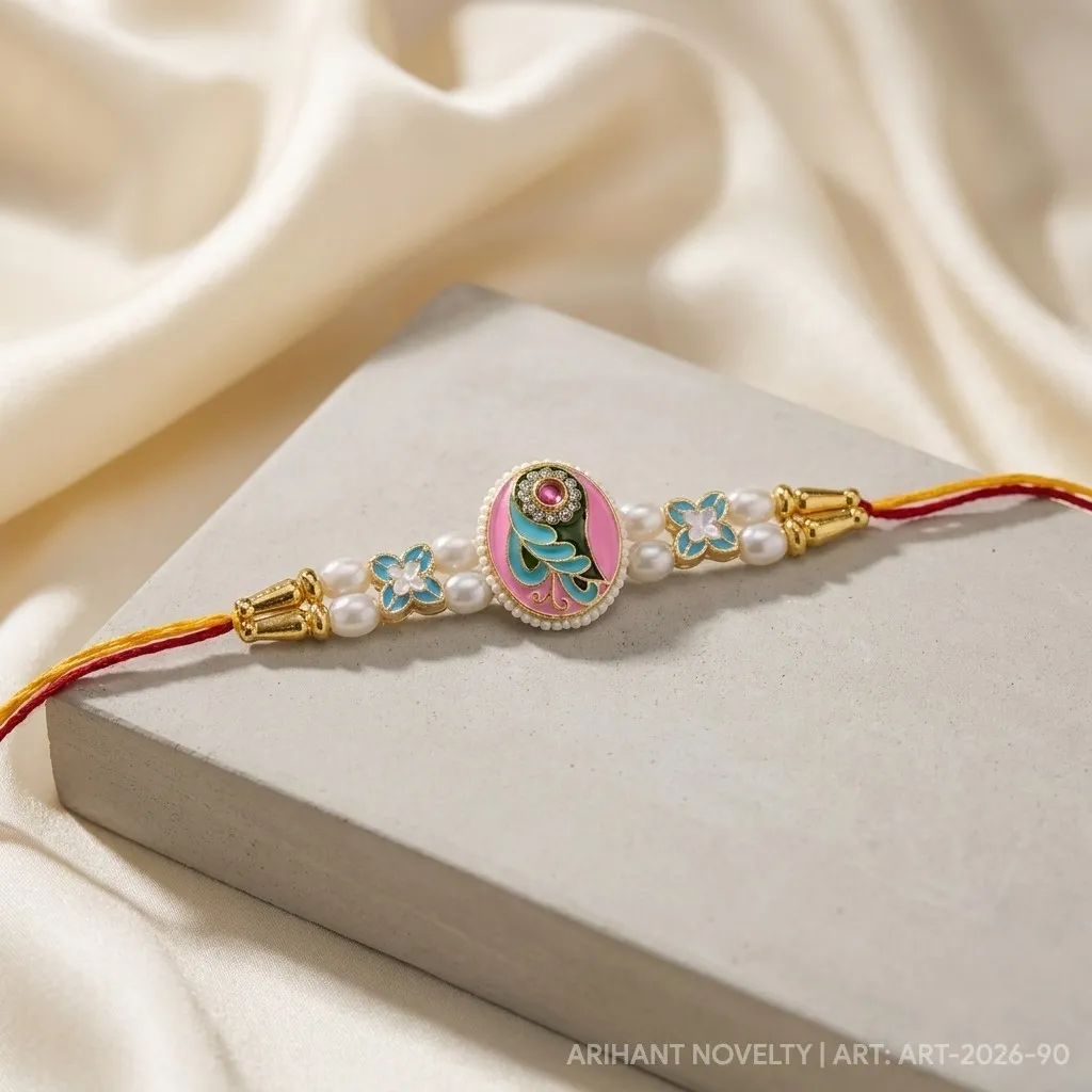 Pink Oval Peacock Meenakari – handmade Meenakari rakhi from Bikaner by Arihant Novelty