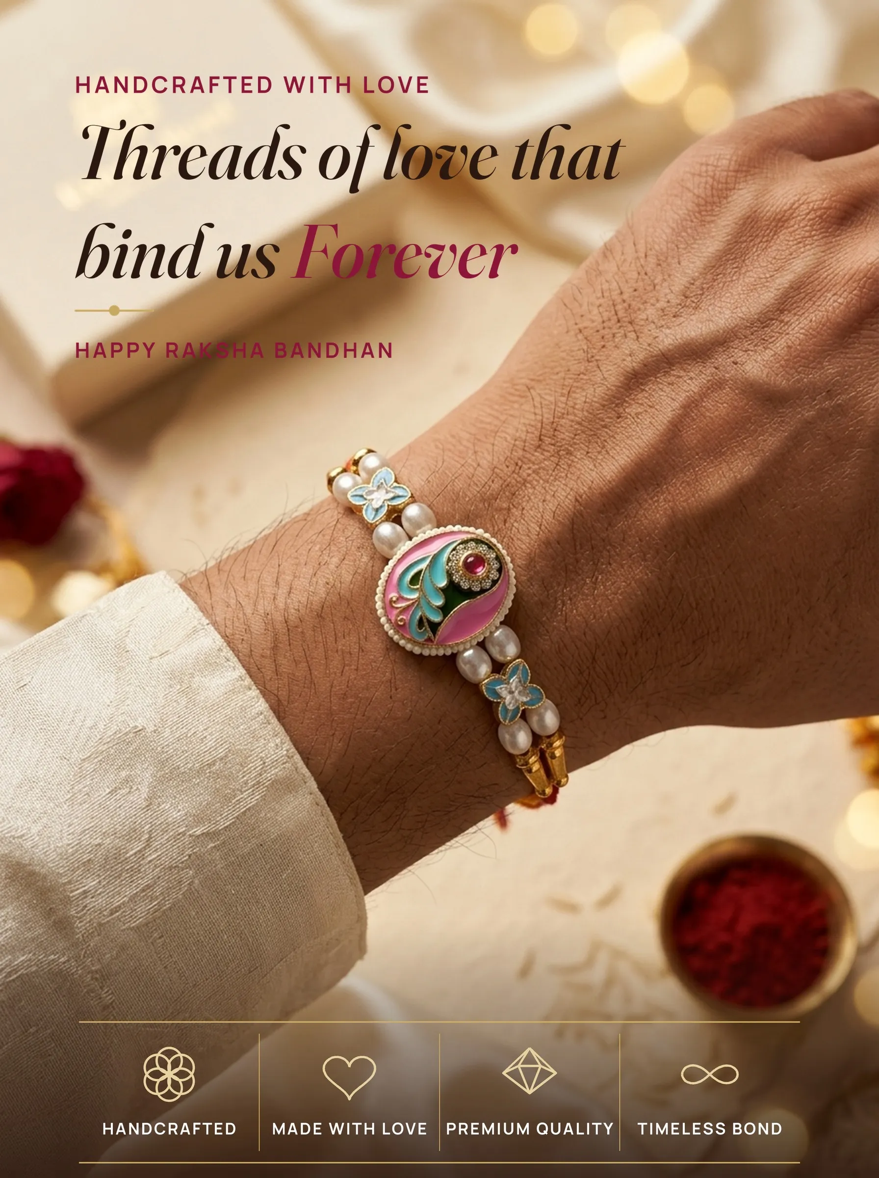 Pink Oval Peacock Meenakari – handmade Meenakari rakhi from Bikaner by Arihant Novelty