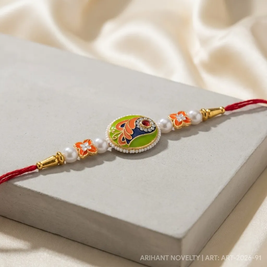 Orange & Green Oval Meenakari – handmade Meenakari rakhi from Bikaner by Arihant Novelty