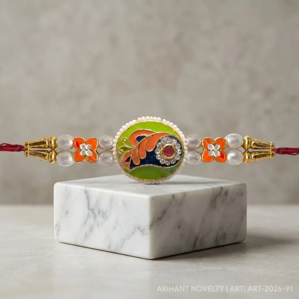 Orange & Green Oval Meenakari view 4