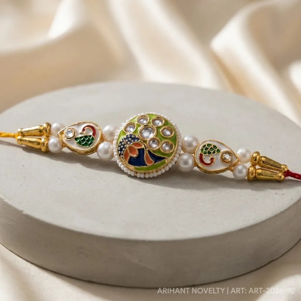 Grand Circular Peacock Meenakari – handmade Meenakari rakhi from Bikaner by Arihant Novelty