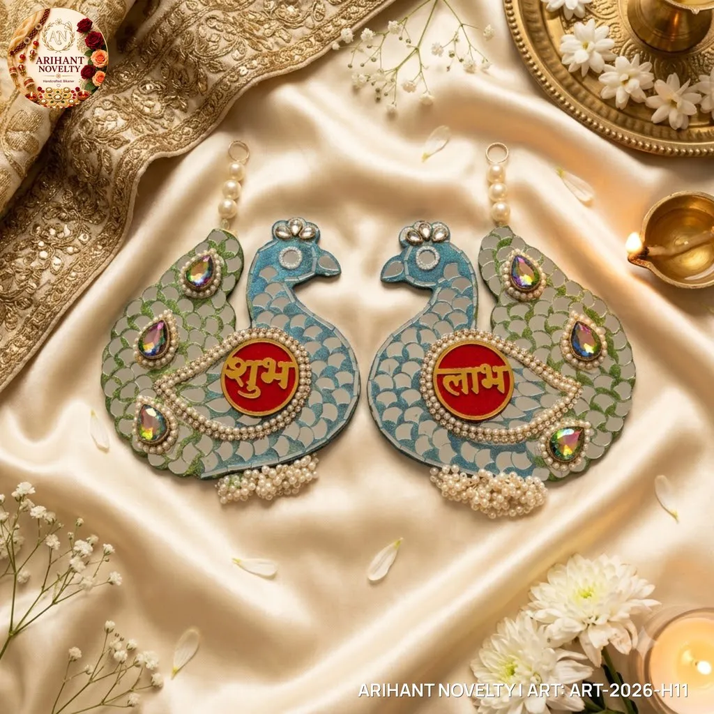 Peacock Mirror Shubh-Labh Door Hanging Pair – handmade Hangings rakhi from Bikaner by Arihant Novelty