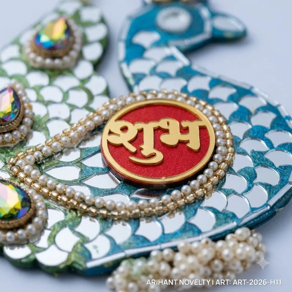 Peacock Mirror Shubh-Labh Door Hanging Pair – handmade Hangings rakhi from Bikaner by Arihant Novelty