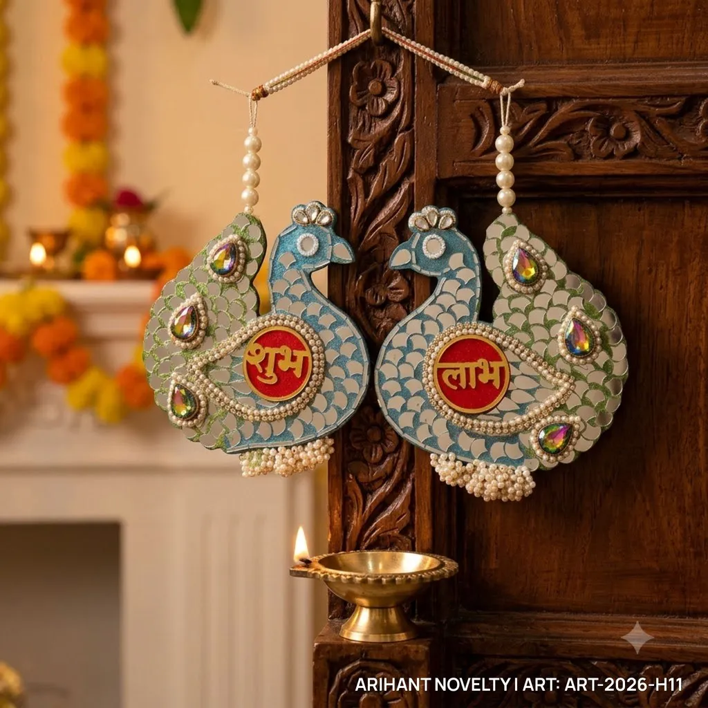 Peacock Mirror Shubh-Labh Door Hanging Pair – handmade Hangings rakhi from Bikaner by Arihant Novelty