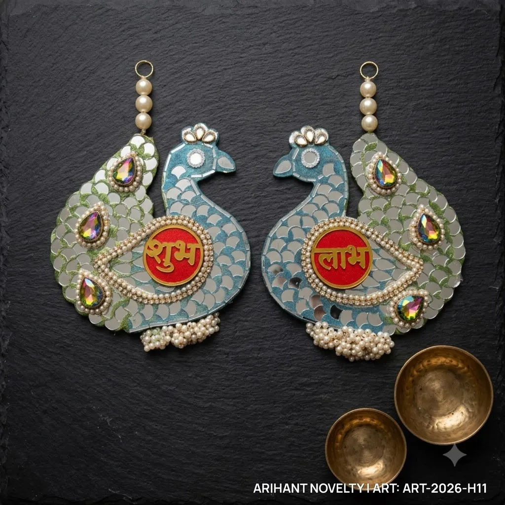 Peacock Mirror Shubh-Labh Door Hanging Pair – handmade Hangings rakhi from Bikaner by Arihant Novelty